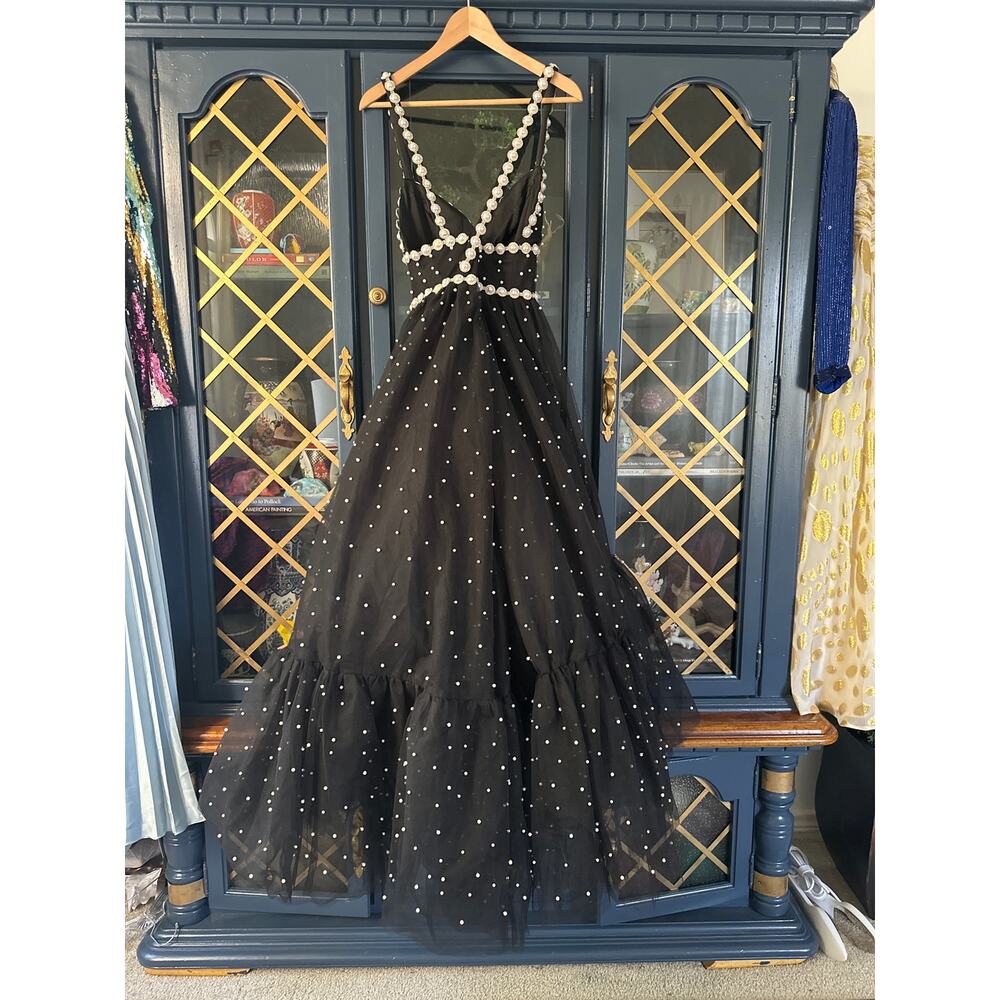 Mac Duggal Black Midi Dress with Pearl Embellishments - Picture 6 of 10